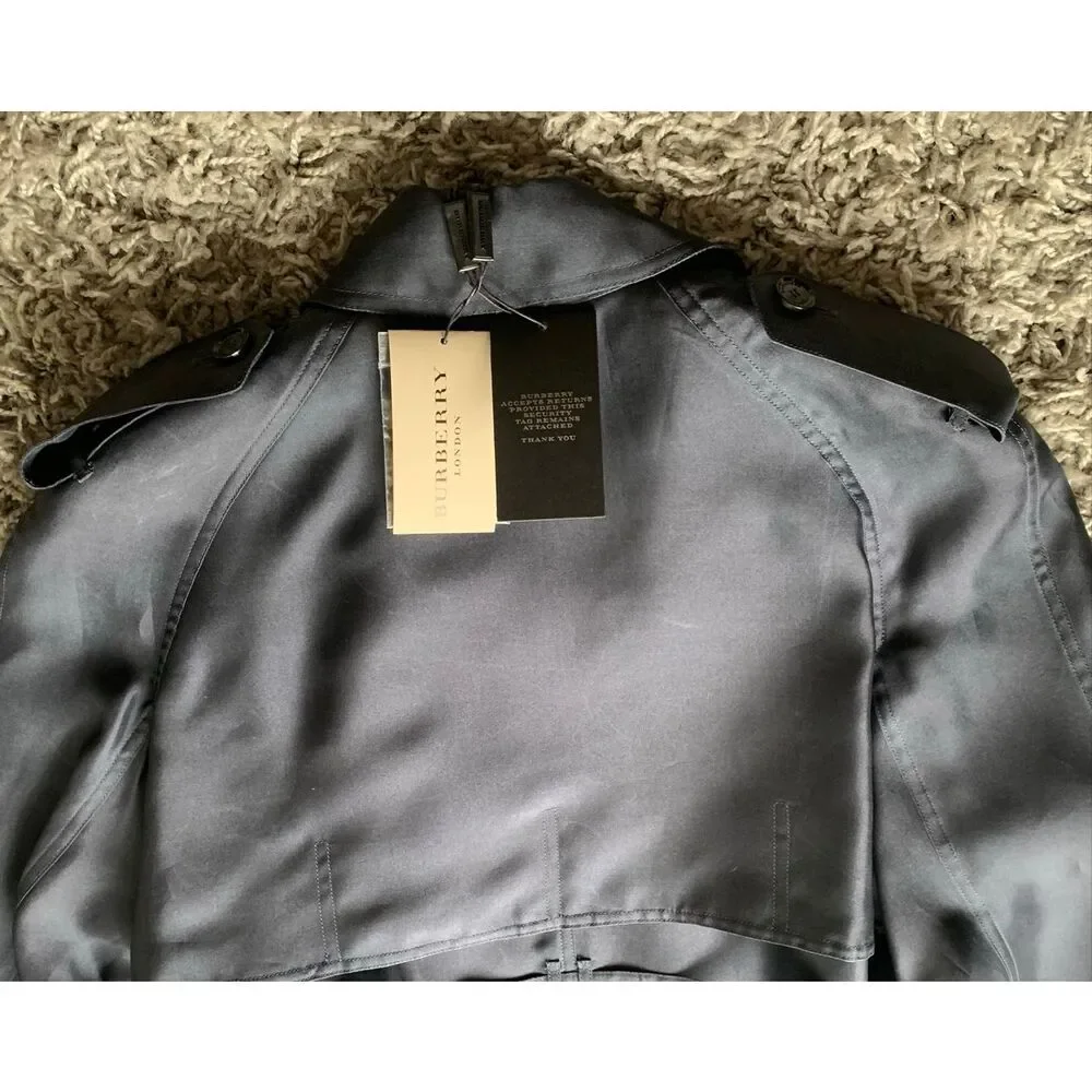NEW NWT BURBERRY SILK Midnight Blue Trench Coat Jacket sz US 10 $3350 - Picture 12 of 14